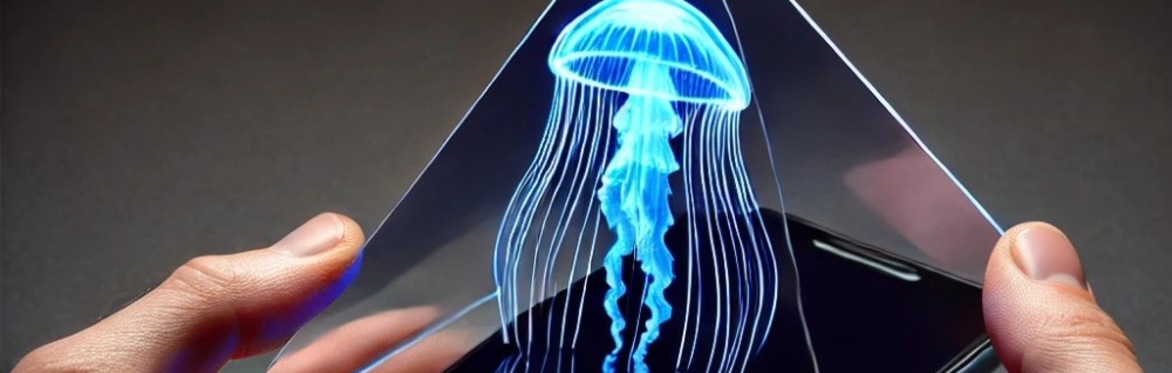 A bright blue glowing jellyfish floats in a clear pyramid above a phone screen.