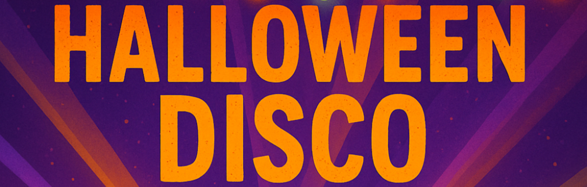 Halloween Disco banner showing pumpkins, party lights and event details for Chalfont St Giles Explorers.