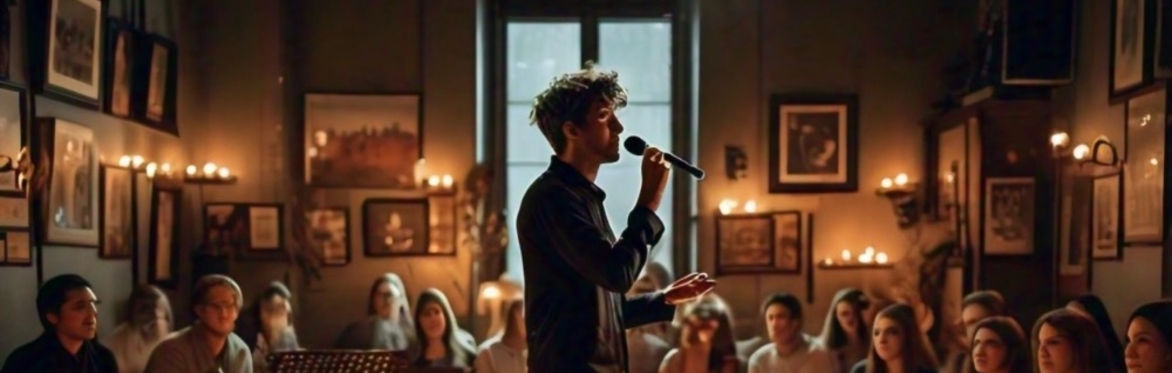 A dark art gallery with a man singing to a crowd of 50 people in an intimate candlelit setting