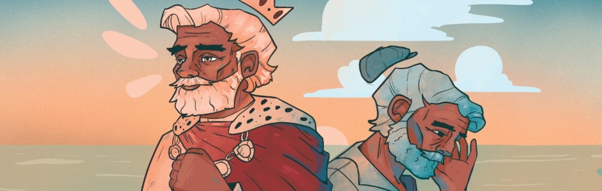 Two elderly men with white beards, one wearing a crown the other a cap