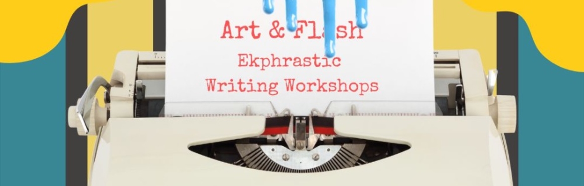 A cream-coloured typewriter on a stripy background. Disembodied hands are typing, the paper is dripping with pale blue paint.