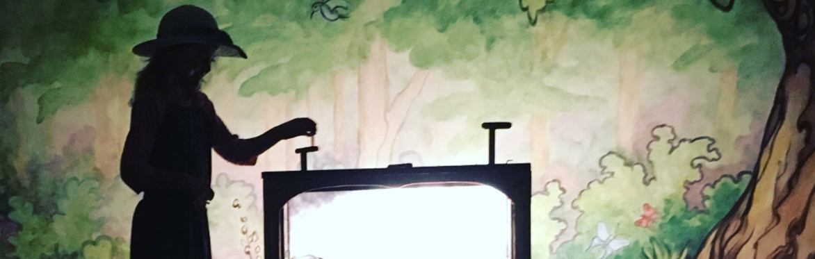 A silhouette of a young girl wearing a hat, turning a crankie machine. The backdrop is a painted forest scene.