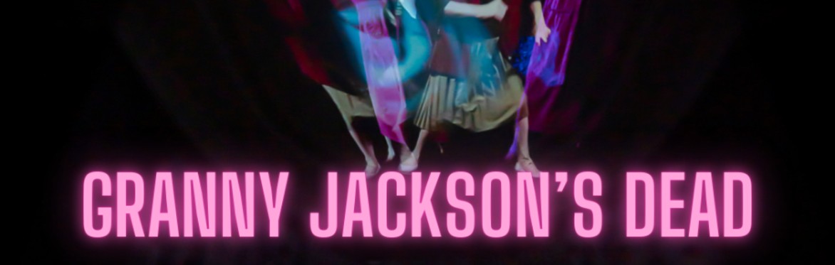 Neon pink font, with a granny image projected on to a ceiling