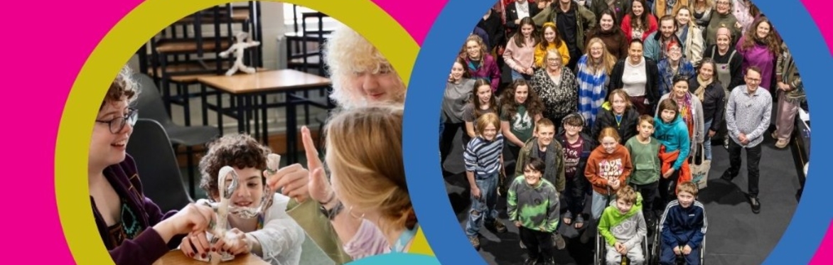 multiple images of young people and adults engaing in youth drama