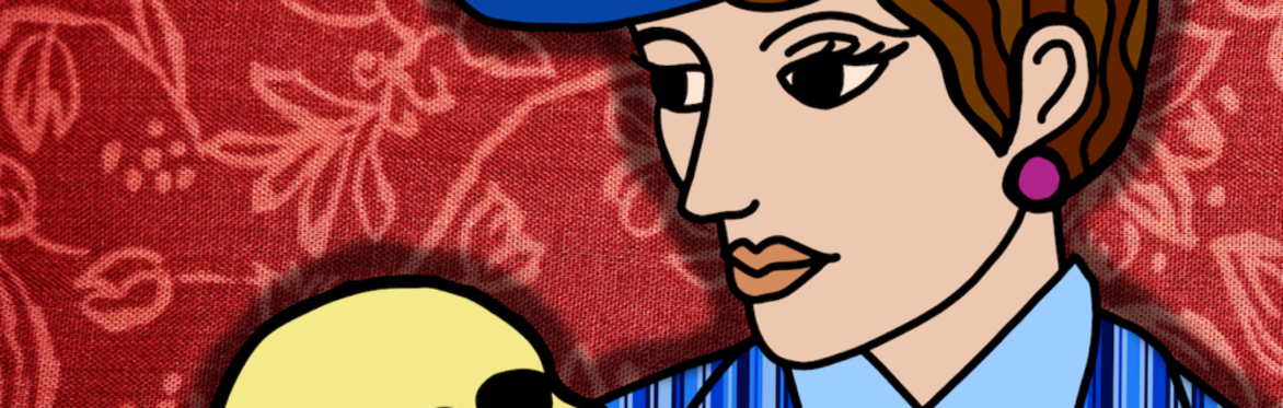 A woman in a man's suit gazes at a skull against a blood red background