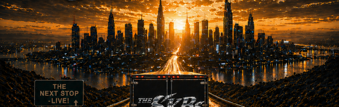 Image of a truck on a road heading to a city at night