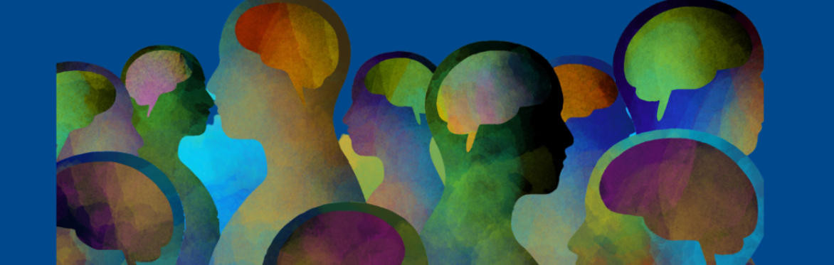 Illustration of heads, necks and shoulders in a variety of muted blues, greens, purples and oranges on a blue background