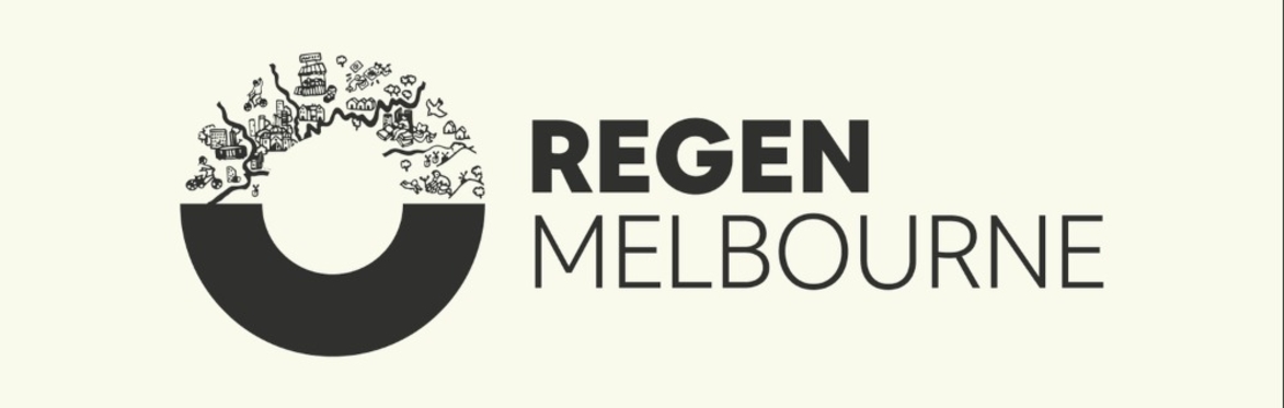 The logo of the group 'Regen Melbourne', showing the group's name and an abstract semi-circular motif of a thriving city
