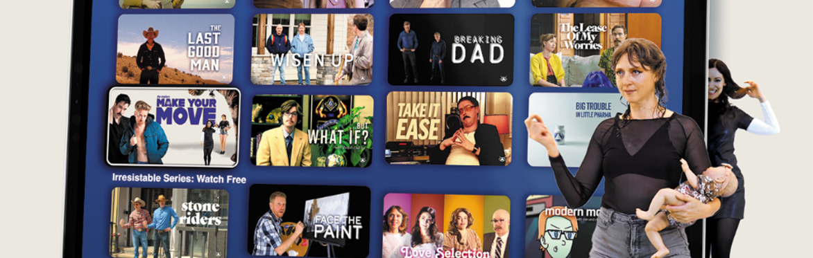A graphical UI with multiple unfamiliar shows and movies, with a tile selected with two women from the show coming into real life