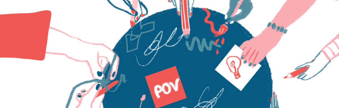 a globe representing the world is shown, many different hands are pointing to, drawing on, adding sticky notes, and making things. There are scribbles and mapping processes on the surface.