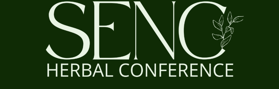 the words SENC Herbal Conference in light green letters on a dark green background with a sprig of leaves on the right side.