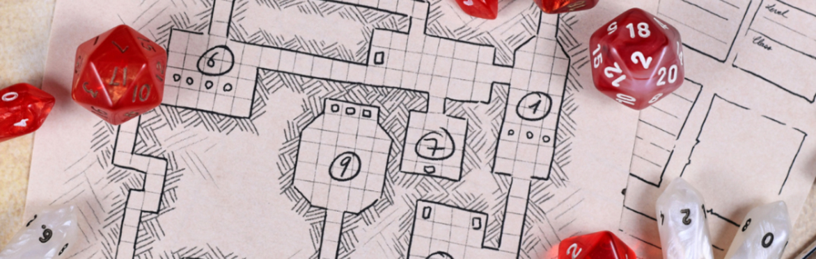 Map drawn on paper showing rooms of a dungeon, with red dice around it.