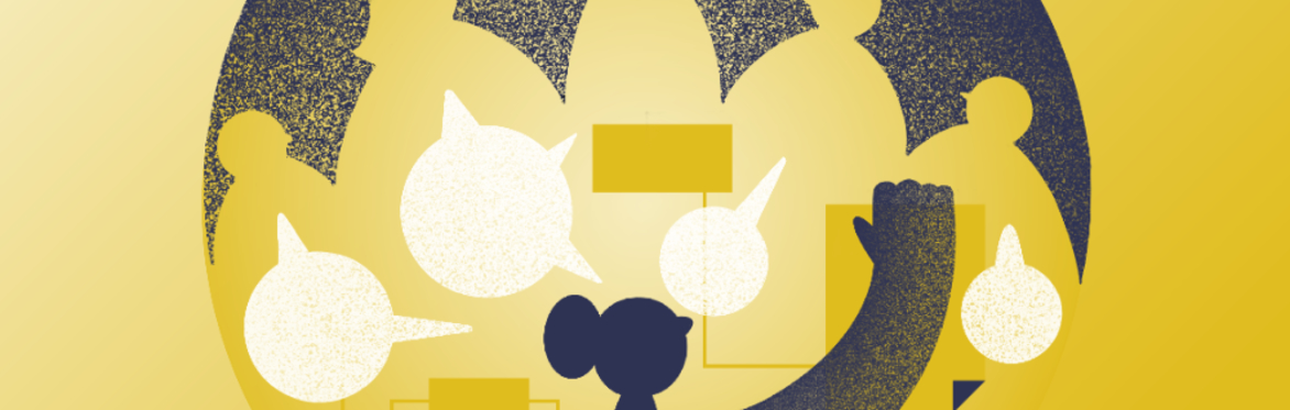 two tone graphic showing person presenting to a group, speech bubbles represent discussion