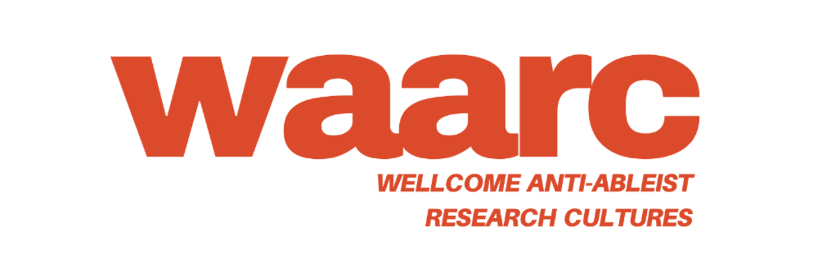 Orange text of WAARC Wellcome Anti-ableist research cultures logo on a white background