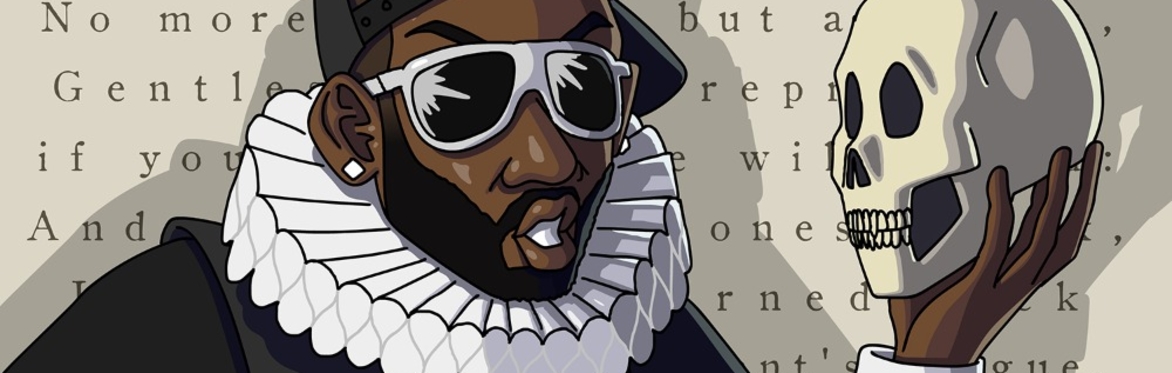 A close-up of a hip hop performer in a baseball cap and Elizabethan ruffled collar talking to a human skull
