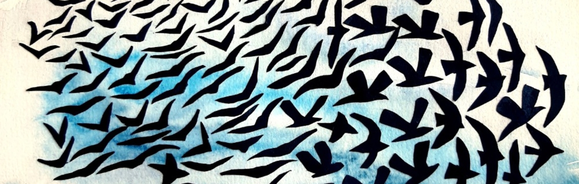 A paper collage of a murmuration of starlings on a painted sky background
