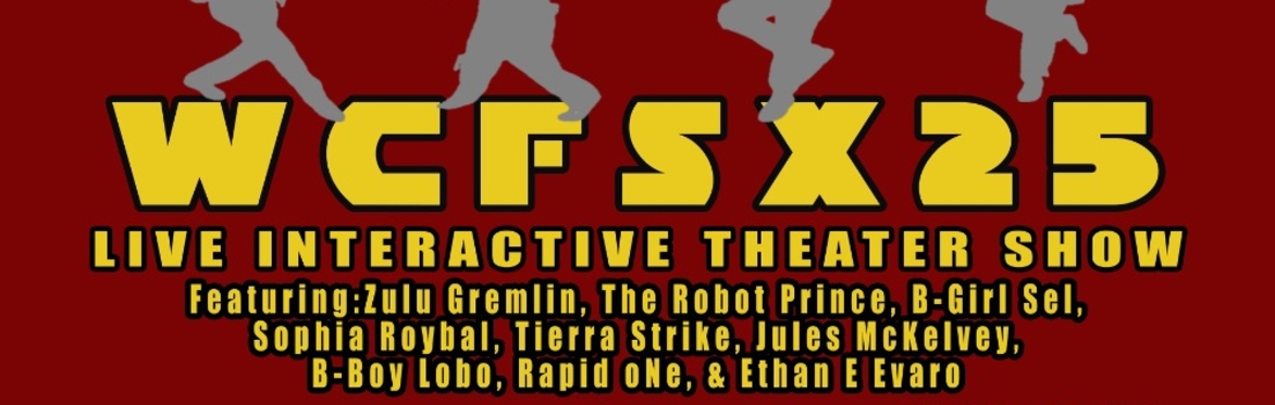 Acronym WCFSX25 Live Interactive Theatre Show with grey silhouettes of figures dancing