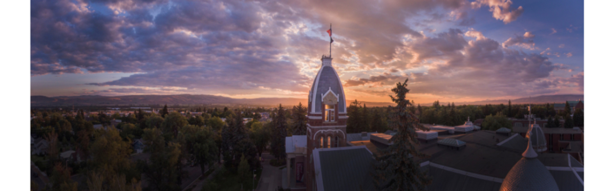 The sun setting behind Barge Hall at CWU Ellensburg.