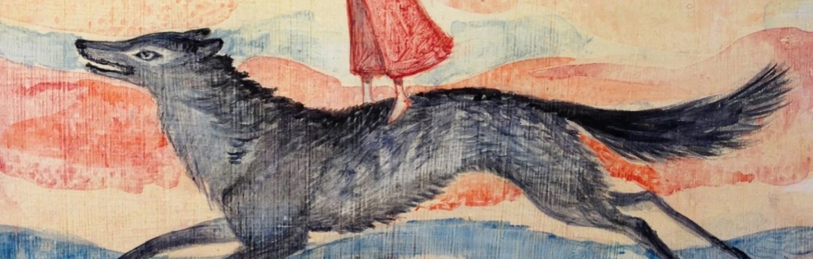 A young woman in a red dress stands on the back of a wolf, with a watercolour sunset background.