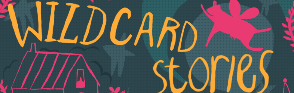 The words Wildcard Stories lie above the roof of a cottage and are being blessed by a flying cow with wings