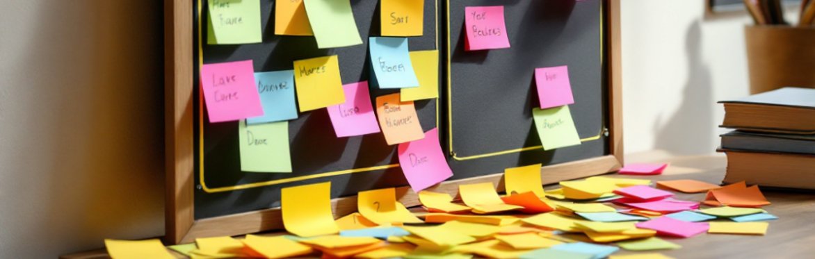 A kanban board on a wall covered in sticky notes that also cover the desk below.