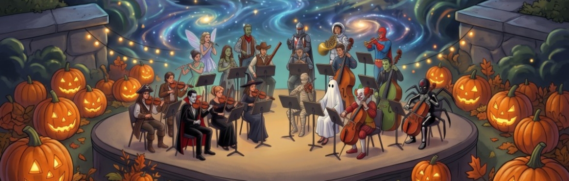 Animated Halloween concert with costumed musicians surrounded by jack-o-lanterns