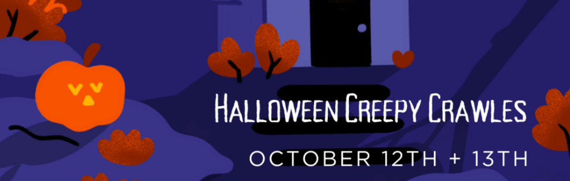A pumpkin sits on the porch of a cartoony haunted house with the words "Halloween Creepy Crawlies" written below