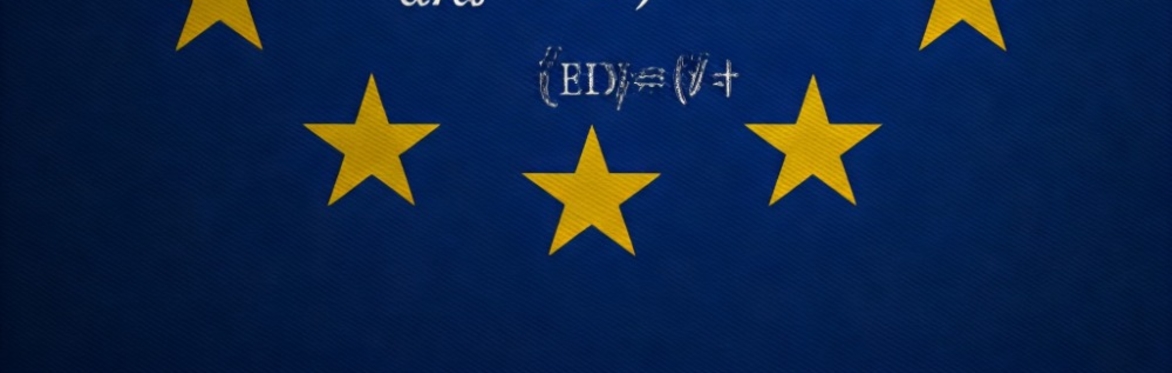 Blue flag with ring of 12 gold stars and indistinct mathematics formulae