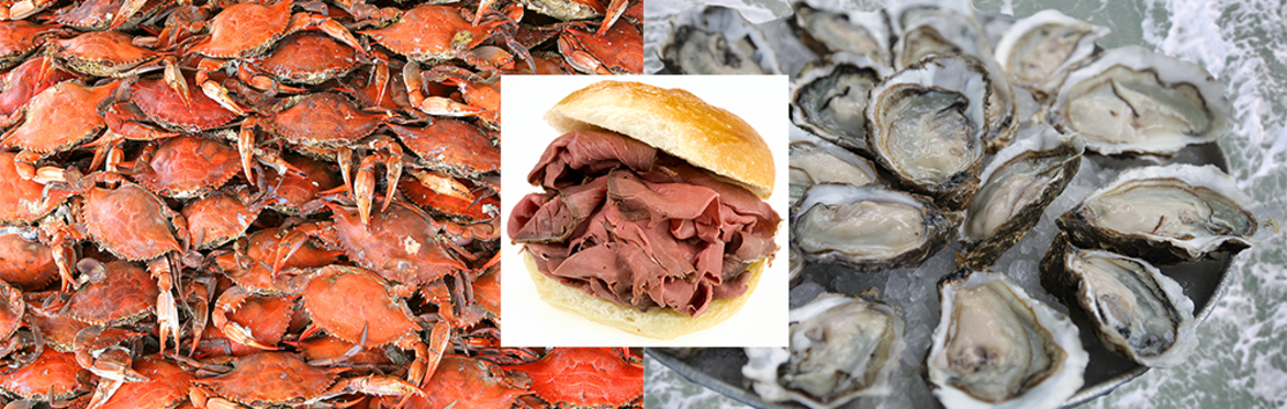 Available entrees are Crabs, Oysters, and Beef sandwiches