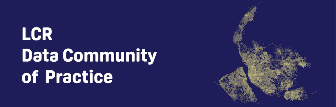 LCR Data Community of Practice banner with dark navy background and white sans-serif typography on the left. On the right, a stylised map of the Liverpool City Region in continuous golden-yellow lines