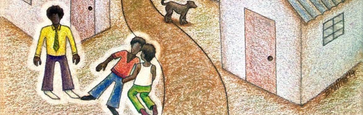 Two men bending over a body with a stray dog in the background