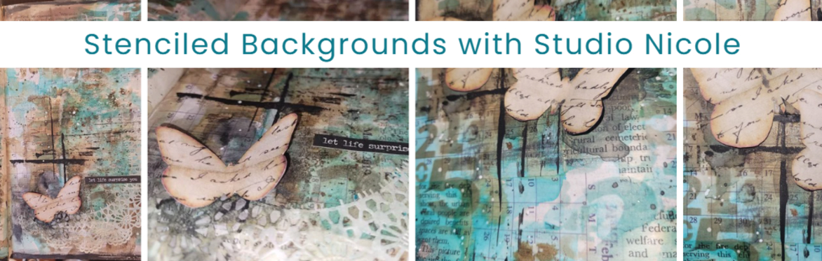 Art journal pages with stenciled backgrounds