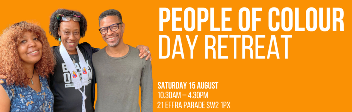 People of Colour from the Brixton Buddhist Community on an orange background