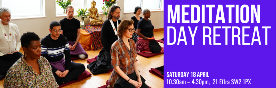 Group of people meditating with informational text