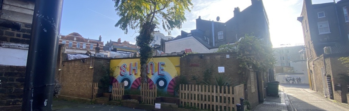 Parklet outside St Peter's Church in daylight