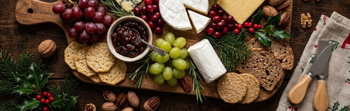 A picture of a cheeseboard with chutneys and grapes surrounding the cheese