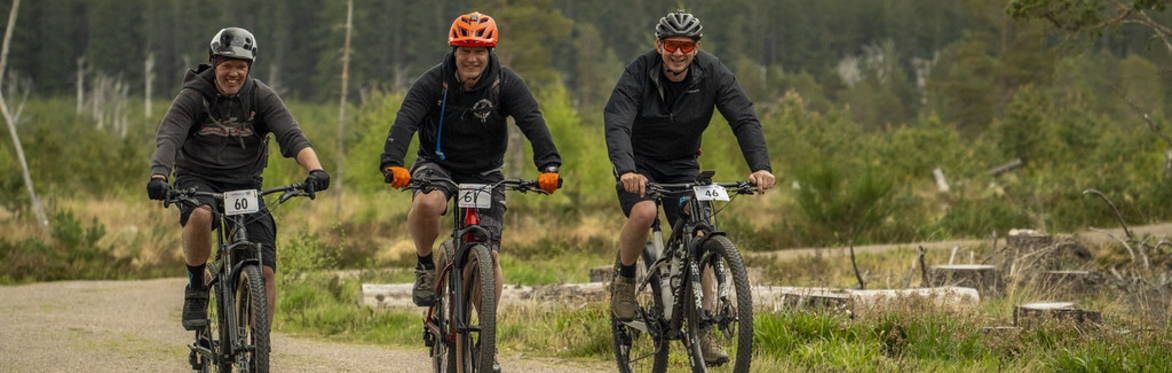 A group of cyclists and walkers in bright green t-shirts on a forest track with heather, juniper and trees on either side. Sun is shining on path through trees.