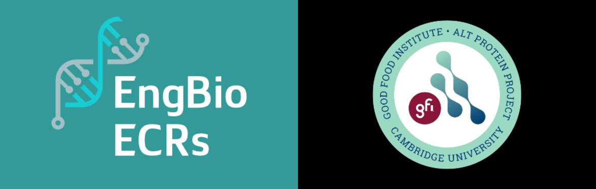 Engineering Biology Early Career Researchers Logo on a turquoise background and the Alt Protein Society logo on a black background. Text reads "Good Food Institute. Cambridge University"
