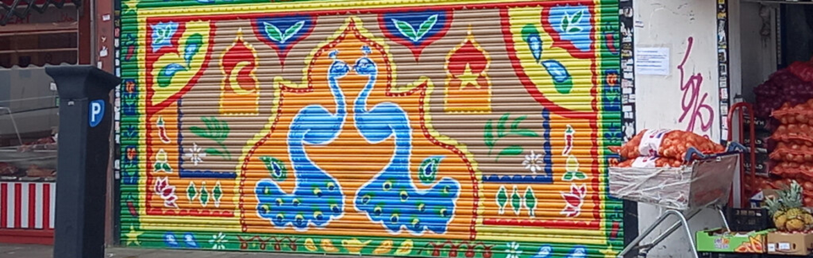 South Asian shutter art on shop in Turnpike Lane