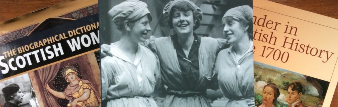 Three books about Scottish women's history are arranged overlapping on a wooden table.