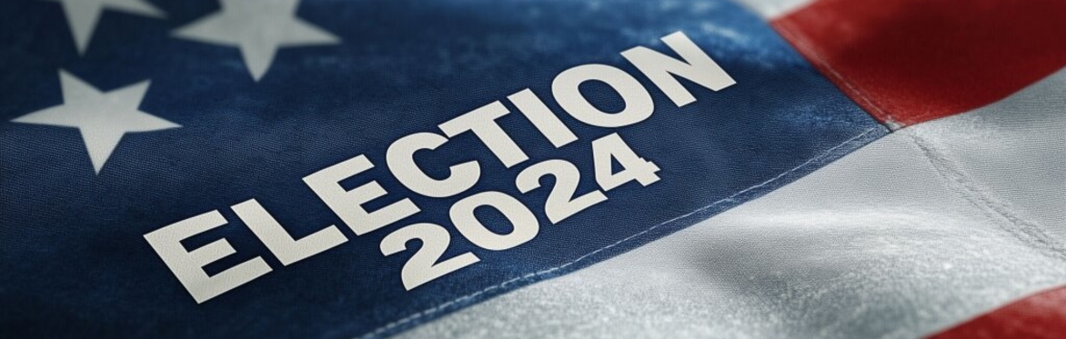 The words 'Election 2024' stamped on a US flag.