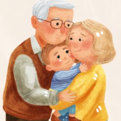 Watercolor grandma and grandpa hugging their grandbaby