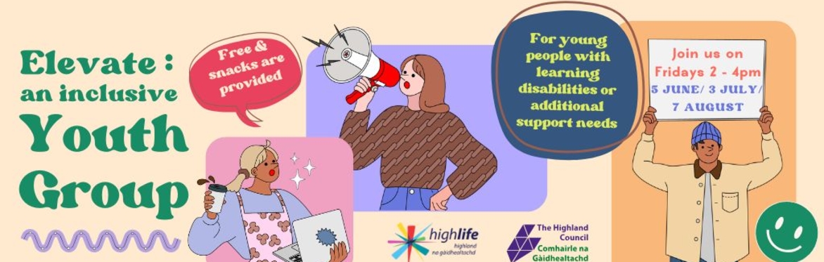 Elevate inclusive youth group poster with text: “Free snacks provided,” “For young people with learning disabilities or additional support needs,” and “Fridays 2–4pm: 5 June / 3 July / 7 August,” with