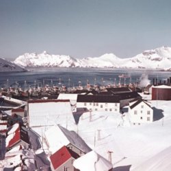 A view over looking south georgia settlement with snowy mountains in the background