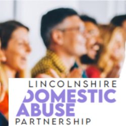 People sitting and applauding at an event, shown beside the Lincolnshire Domestic Abuse Partnership logo