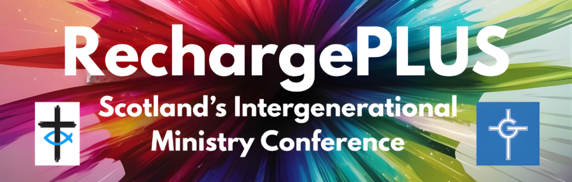 RechargePLUS Logo - Scotland's Intergenerational Ministry Conference.  URC Synod of Scotland Logo - white background, black cross, blue fish.  Presbytery of Glasgow Logo, blue background, cross with G
