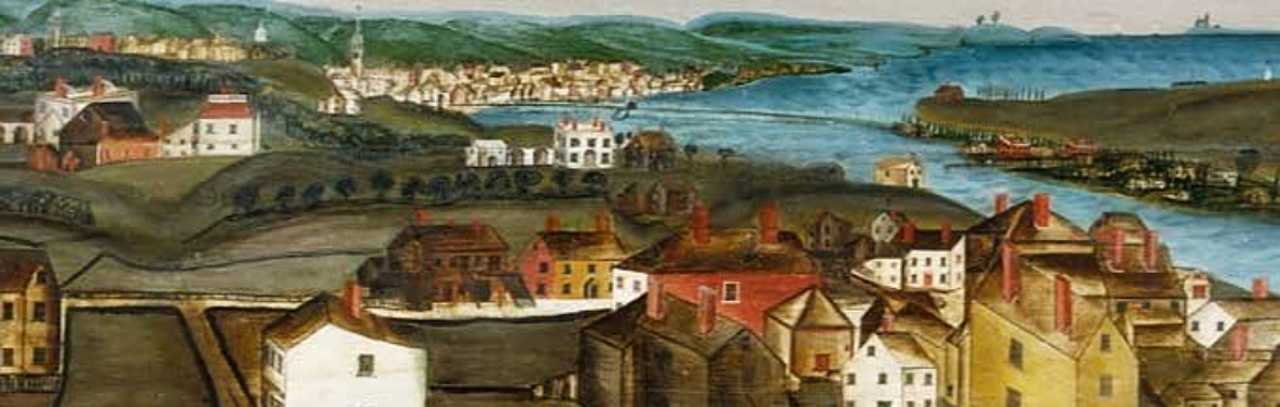 Watercolor landscape of a village at the seaside