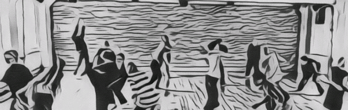 Drawing of a group of people dancing in a dance hall.
