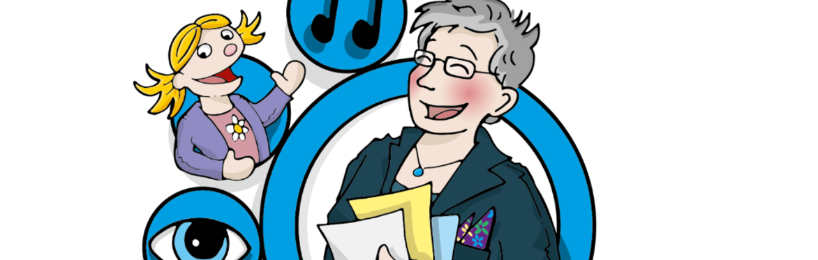 A smiling woman and happy child with symbols depicting multisensory learning around them