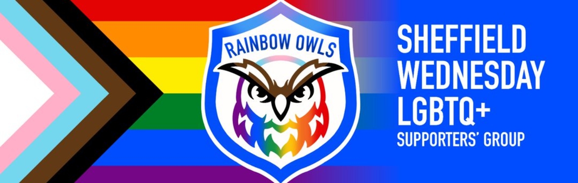 A photo of the Rainbow Owls logo placed over the Progress Pride flag